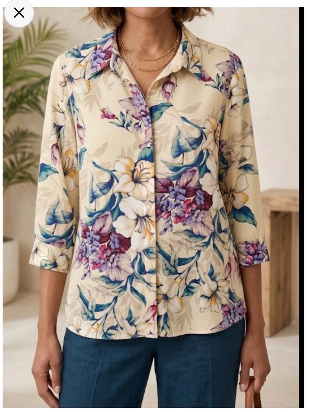 Chicos No Iron‎ Cotton Button Down Shirt Women 1 Cream Floral